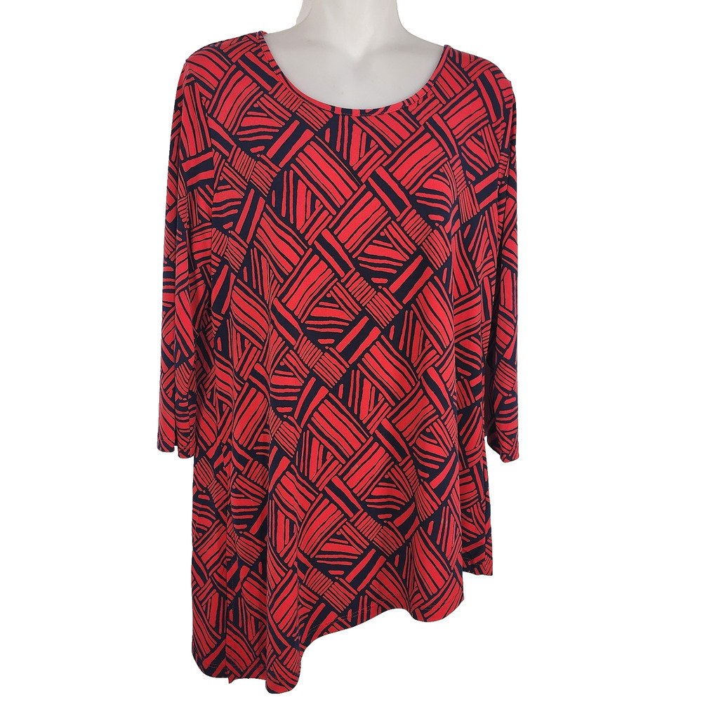 Susan Graver Women Tunic Top Medium Red Navy Abstract Print Asymmetrical Hem